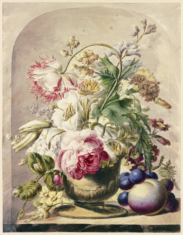 Bouquet in einer Vase, vorne rechts ein Pfirsich und einige Trauben à J. H. van Loon