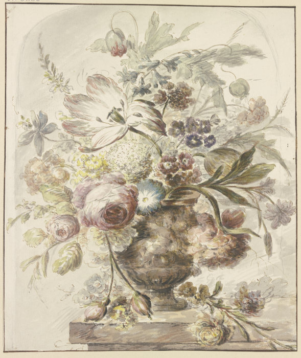 Blumenstrauß in einer Vase mit Basrelief, links hängen zwei Rosenknospen herab à J. H. van Loon