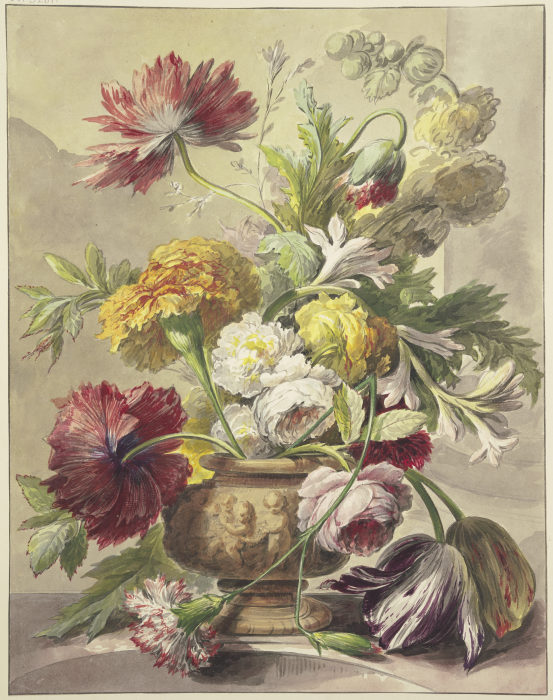 Blumenstrauß in einer Vase mit Basrelief von Mohn, Rosen, Tulpen, quer über der Vase hängt eine gekn à J. H. van Loon