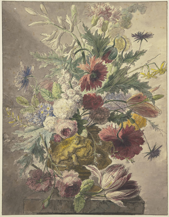 Blumenstrauß in einer Vase mit Basrelief, vorne liegt eine Rose und eine Tulpe à J. H. van Loon