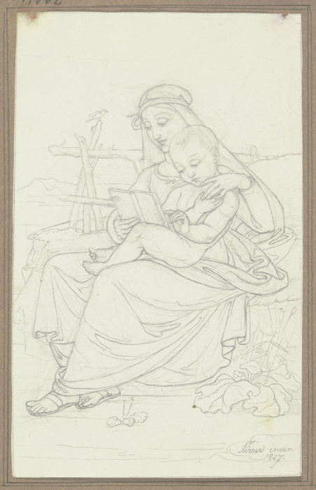 Maria auf einer Rasenbank, mit dem Jesuskind lesend à J. Kirner