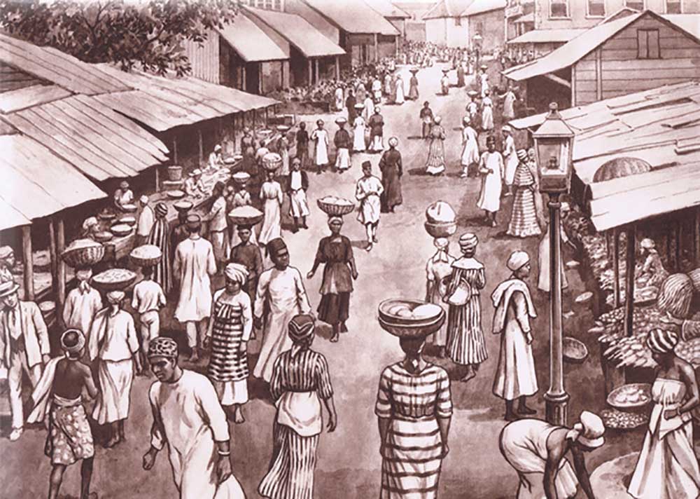 Freetown, from MacMillan school posters, c.1950-60s à J. Macfarlane