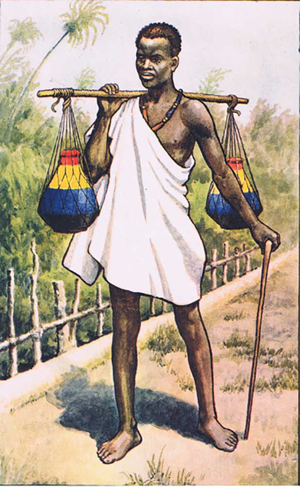 Uganda: A native carrying milk, from MacMillan school posters, c.1950-60s à J. Macfarlane