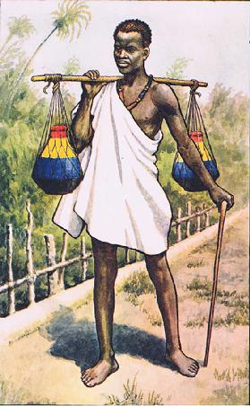 Uganda: A native carrying milk, from MacMillan school posters, c.1950-60s