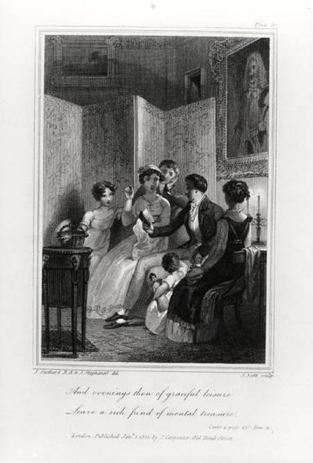 Family Scene - Evening in the Drawing Room, from 'The Social Day' by Peter Coxe, engraved by J. Scot à J. Stothard