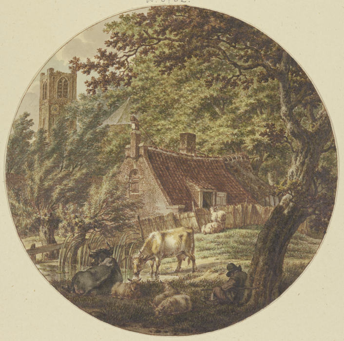 Hütte im Walde mit einigem Vieh, links ein Kirchturm à Jacob Cats