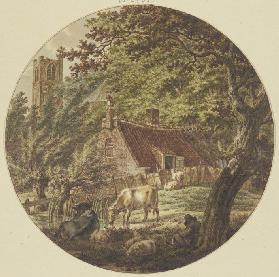 Hütte im Walde mit einigem Vieh, links ein Kirchturm