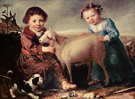 deux enfants avec l'agneau.