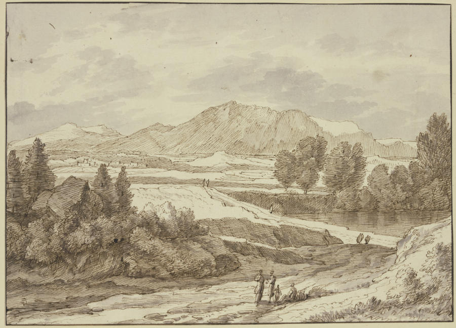 Ebene vor dem Gebirge, rechts ein See, auf dem Weg verschiedene Figuren à Jacob Esselens