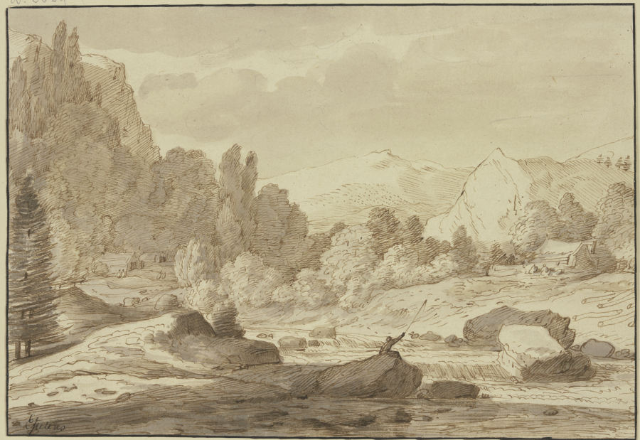 Gebirgslandschaft mit einem Waldbach, an welchem ein Angler sitzt à Jacob Esselens