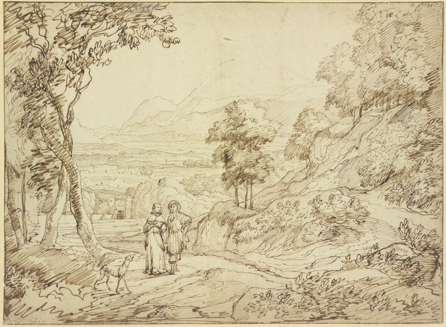 Landschaft, auf dem Weg ein Herr und eine Dame mit einem Windhund à Jacob Esselens