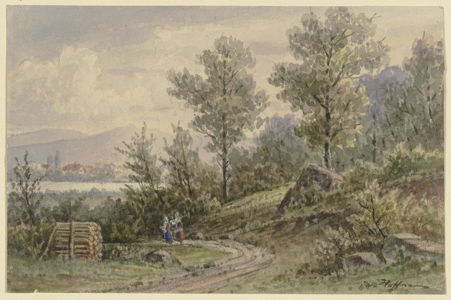Blick vom Wald auf ein Dorf und Berge à Jacob Hoffmann
