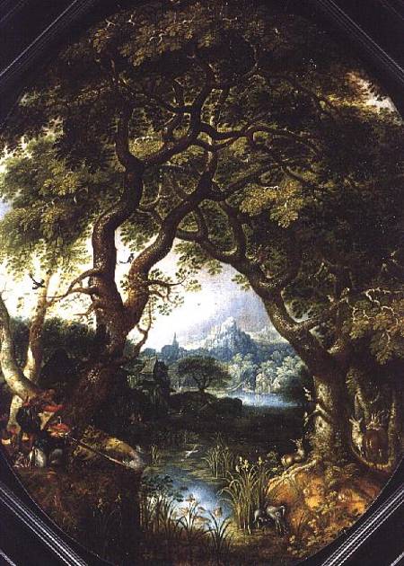 A Wooded Landscape with Hunters by a Stream à Jacob I Savery