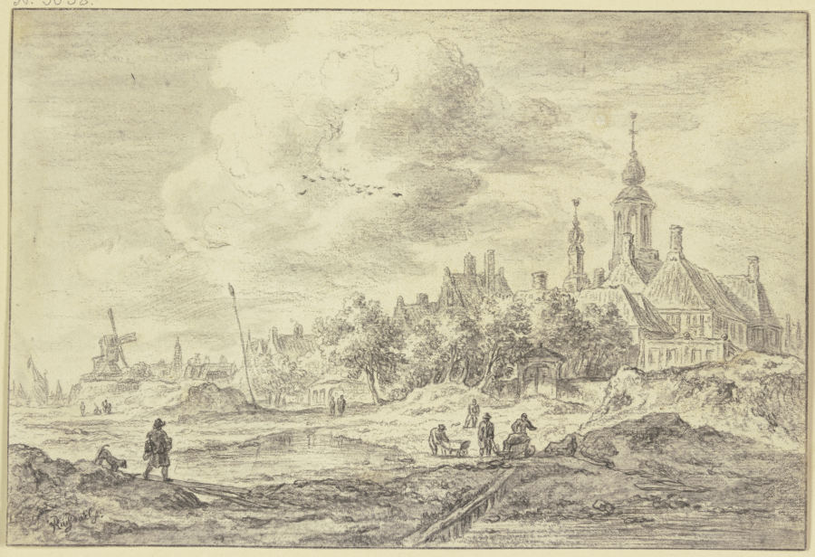 Ansicht eines Dorfes mit Kirche und Windmühle, Arbeiter mit Schubkarren, links Mann mit Hund à Jacob Isaacksz. van Ruisdael