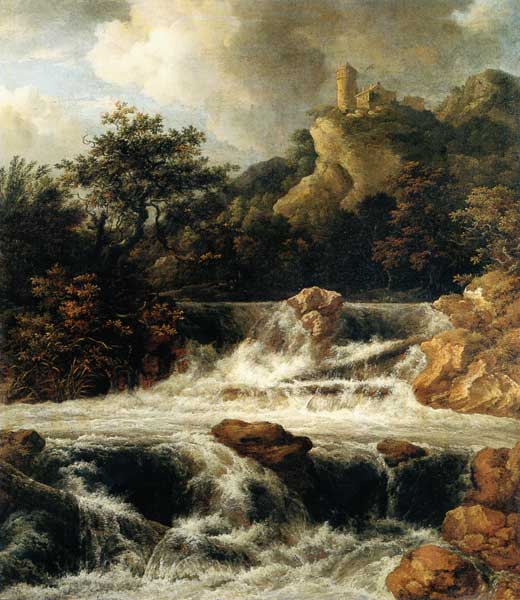 Chute d'eau avec la château de montagne à Jacob Isaacksz van Ruisdael