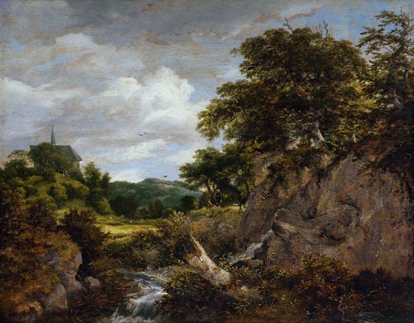 Paysage de colline avec la chapelle à Jacob Isaacksz van Ruisdael