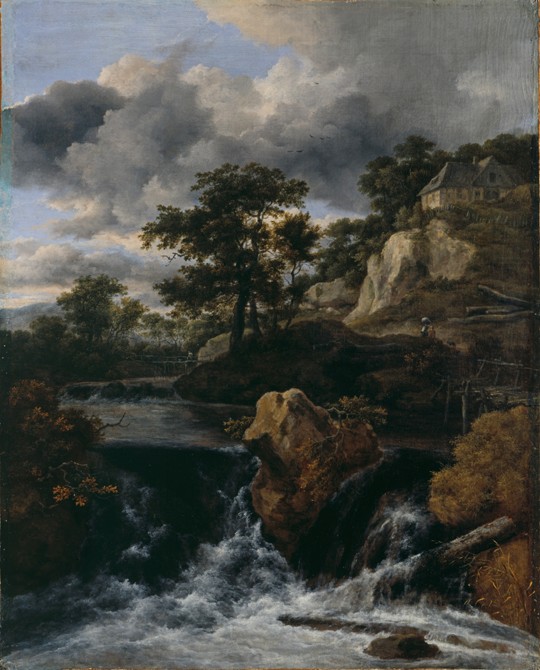Hilly landscape with a waterfall à Jacob Isaacksz van Ruisdael