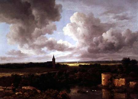 Landscape with Ruined Castle and Church à Jacob Isaacksz van Ruisdael