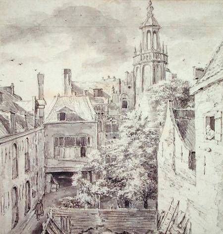 View of the Courtyard of the House of the Archers of the St. Sebastian Guild on the Singel in Amster à Jacob Isaacksz van Ruisdael