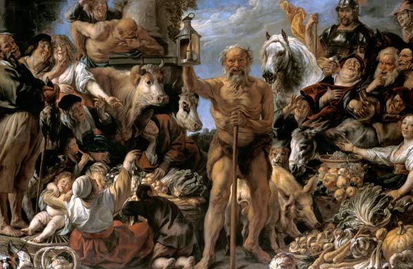 Diogenes mit der Laterne, auf dem Markte Menschen suchend à Jacob Jordaens