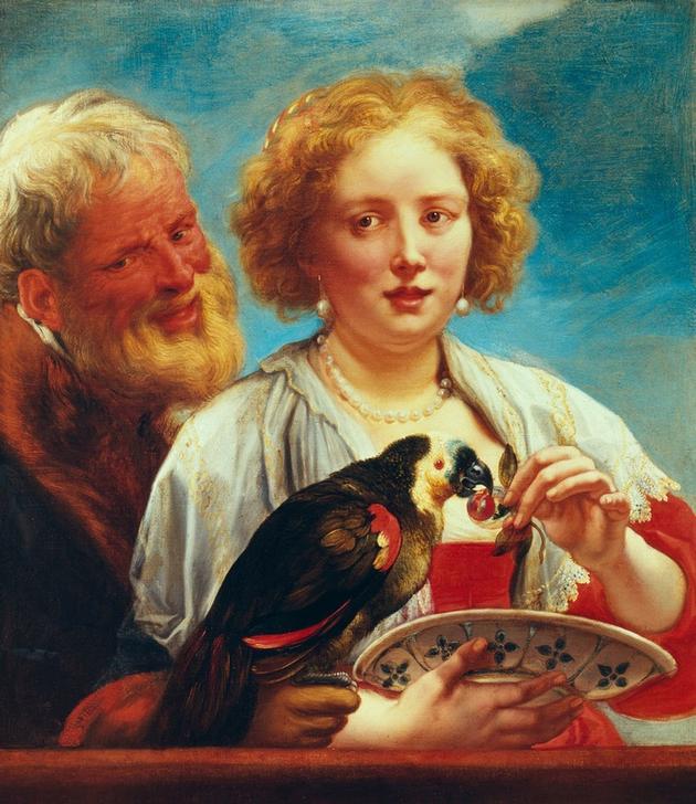 A young woman with an old mann and a parrot, à Jacob Jordaens