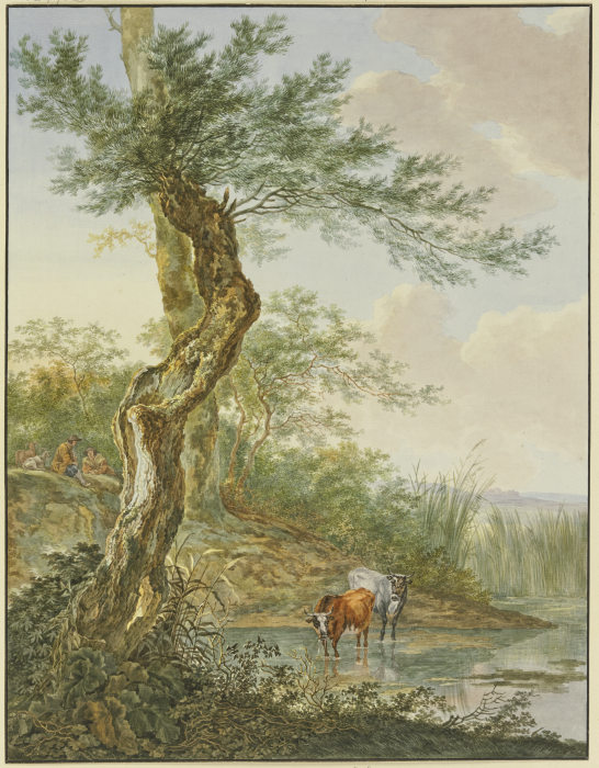 Landschaft mit Wasser, daran ein alter Weidenbaum, im Wasser zwei Kühe à Jacob Perkois