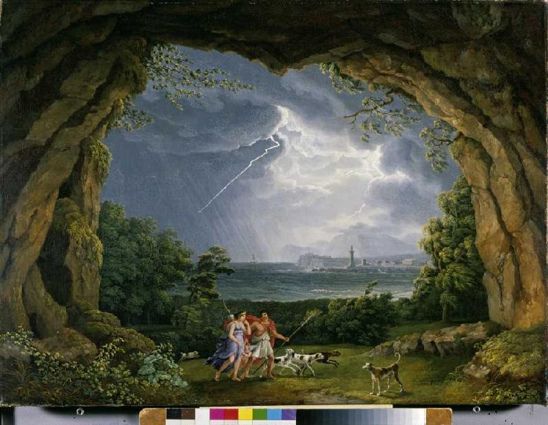Aeneas und Dido flüchten vor dem Unwetter in eine Grotte à Jacob Philipp Hackert