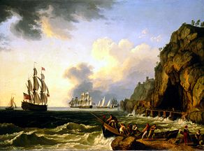 Un navire de guerre britannique et d'autres navires dans la baie de Naples à Jacob Philipp Hackert