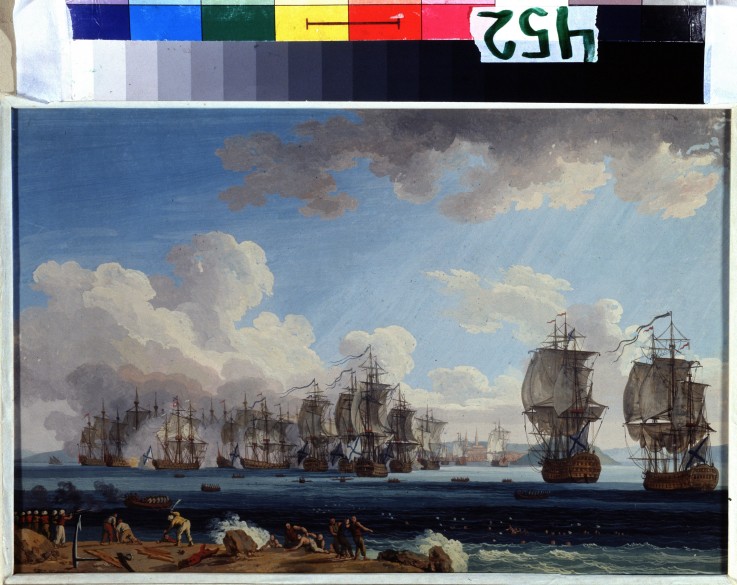 The naval Battle of Chesma on 5 July 1770 à Jacob Philipp Hackert