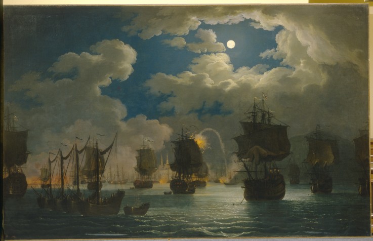 The naval Battle of Chesma on the night 26 July 1770 à Jacob Philipp Hackert