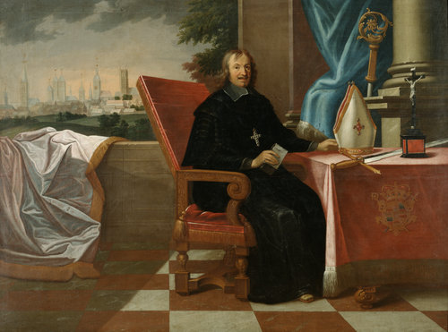 Sitzbildnis des Fürstbischofs Christoph Bernhard von Galen mit Herrschaftsattributen, im Hintergrund à Jacob Quinchard