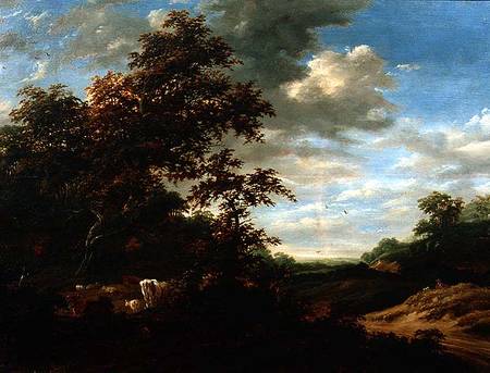 A Wooded Landscape with Cattle à Jacob Salomonsz. Ruysdael