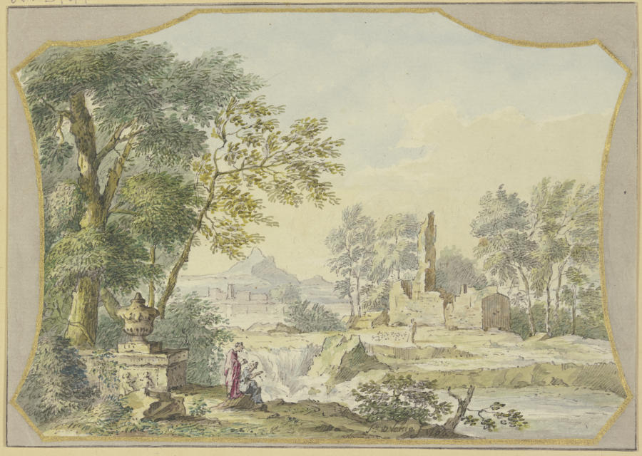 Landschaft mit einer Ruine, links bei einer Vase unter Bäumen zwei Figuren à Jacob van de Velde