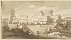 Italienisches Kloster hinter hohen Mauern, die Turmruine der Torre delle Millizie in Rom nachempfund