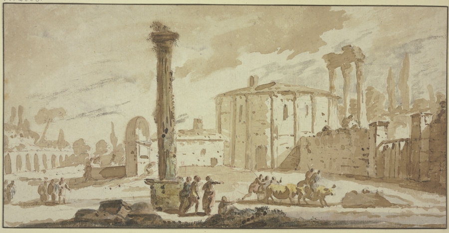Von Ruinen umstandener Platz mit einer frei stehenden Säule, die Rotunde dem Tempel des Hercules Vic à Jacob van der Ulft