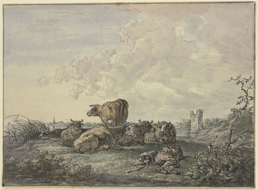 Schlafender Hirte und Rinderherde in einer Landschaft à Jacob van Strij