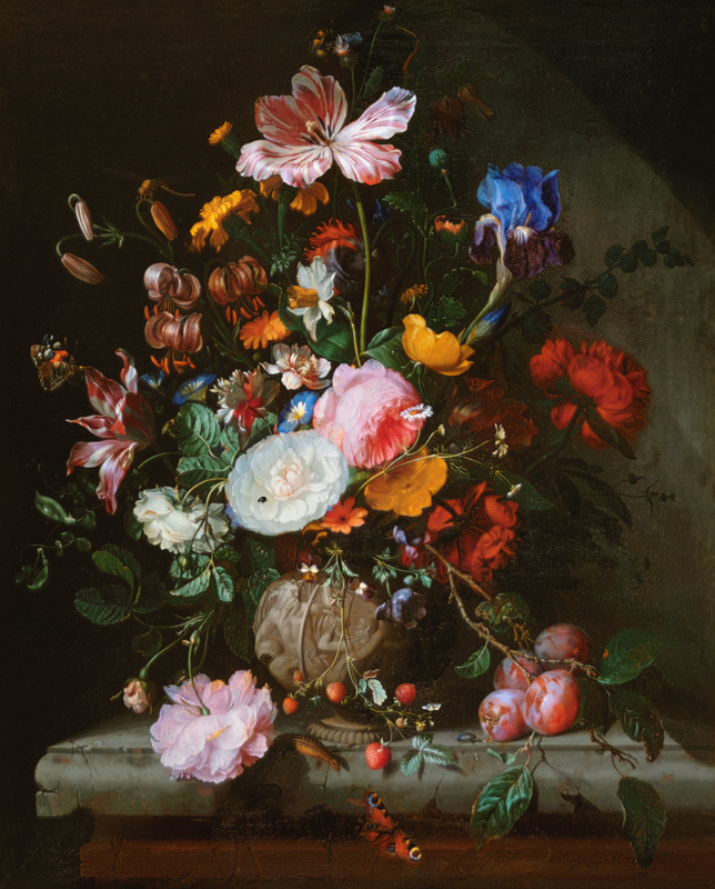 Botte de fleurs dans un vase de pierre à Jacob van Walscapelle