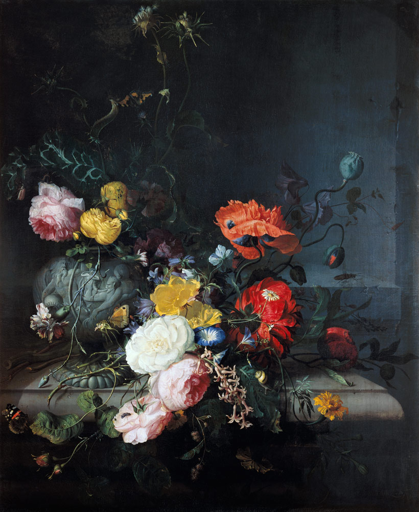 nature morte avec des fleurs et des insectes à Jacob van Walscapelle