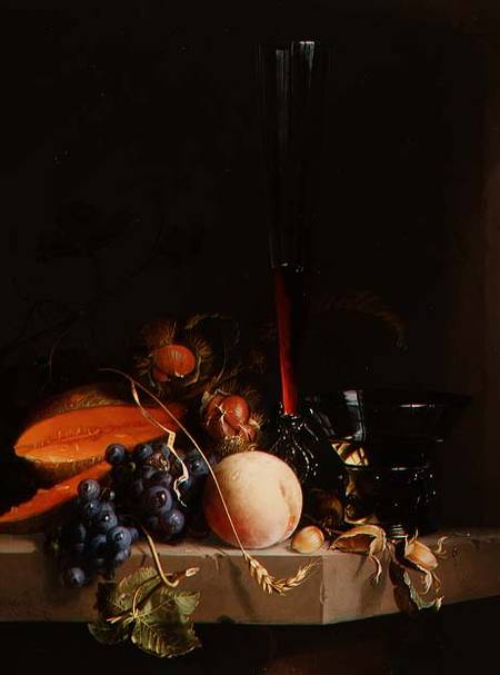Still life of fruit on a ledge with a roemer and a wine glass à Jacob van Walscapelle