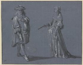 Zwei Figuren in eleganter Tracht, links ein stehender Kavalier in Vorderansicht, rechts eine stehend