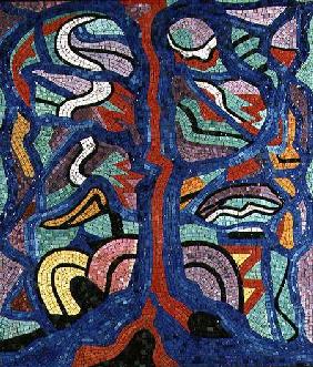 Tree, composition in red, black, blue and yellow