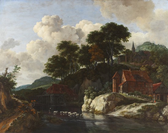 Hilly Landscape with a Watermill à Jacob Isaaksz. or Isaacksz. van Ruisdael