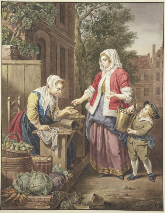 Eine Dame mit einem Knaben kauft Äpfel ein à Jacobus Buys
