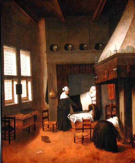 Bedroom Interior with Mother and New-Born Child à Jacobus Vrel ou Frel