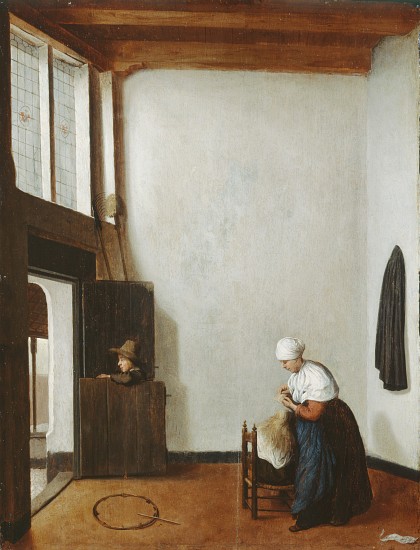 Interior with a woman combing a little girl's hair à Jacobus Vrel ou Frel