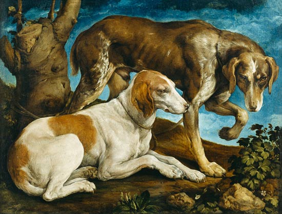Two Hunting Dogs Tied to a Tree Stump à Jacopo Bassano