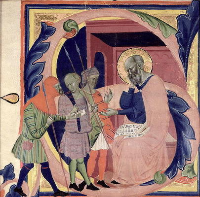Historiated initial 'S' depicting Job receiving messengers with bad news (vellum) à Jacopo del Casentino