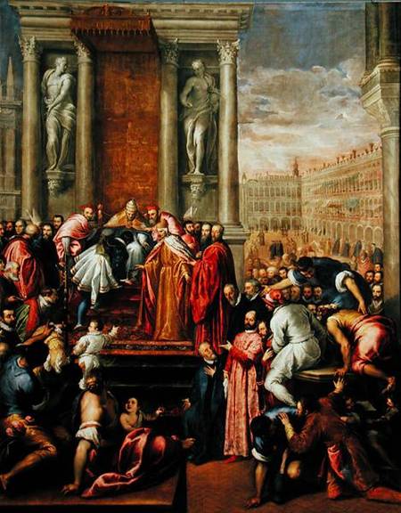 Pope Alexander III (1105-81) and Doge Sebastiano Ziani (c.1102-80) Send the Young Ottone to Frederic à Jacopo Palma le Jeune (Palma il Giovane)