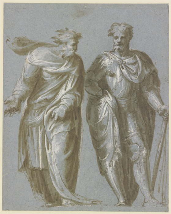 Zwei beieinander stehende Männer, der linke im Philosophenmantel mit weisender Geste, der rechte als à Jacopo Palma le Jeune (Palma il Giovane)