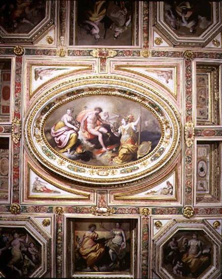 The 'Sala delle Muse' (Hall of the Muses) detail of the coffered ceiling decoration depicting Apollo à Jacopo Zucchi